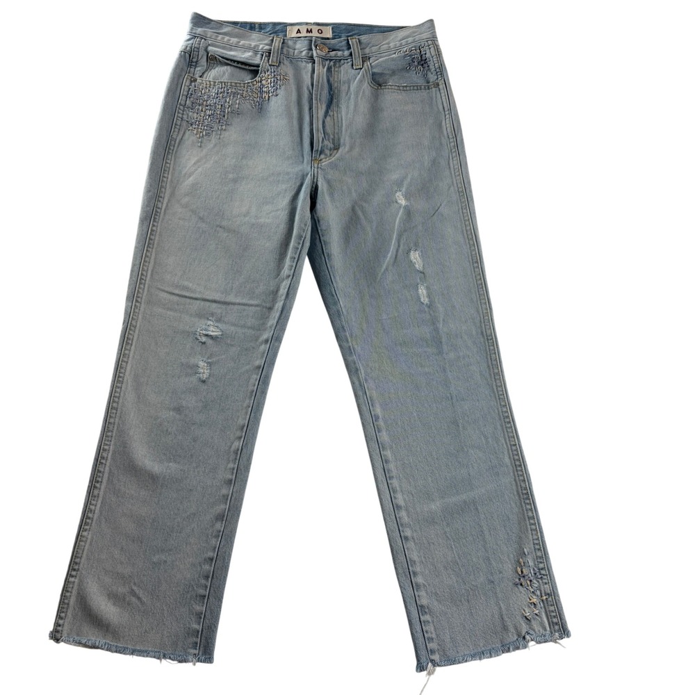AMO Loverboy Cloudy Embroidered Jeans Womens 28 High Rise Straight Leg